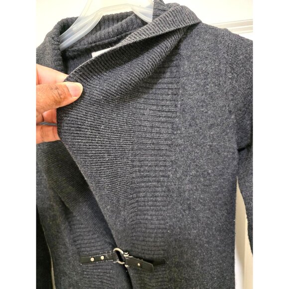 Ellen Tracy Women's Open Front Long Cardigan Wool Blend Leather Accent & Pockets - Picture 6 of 11